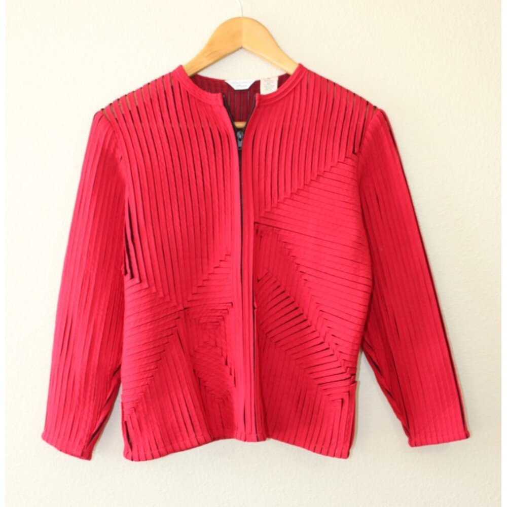 Laura Ashley Womens Red Textured Long Sleeve Zip Blazer PS